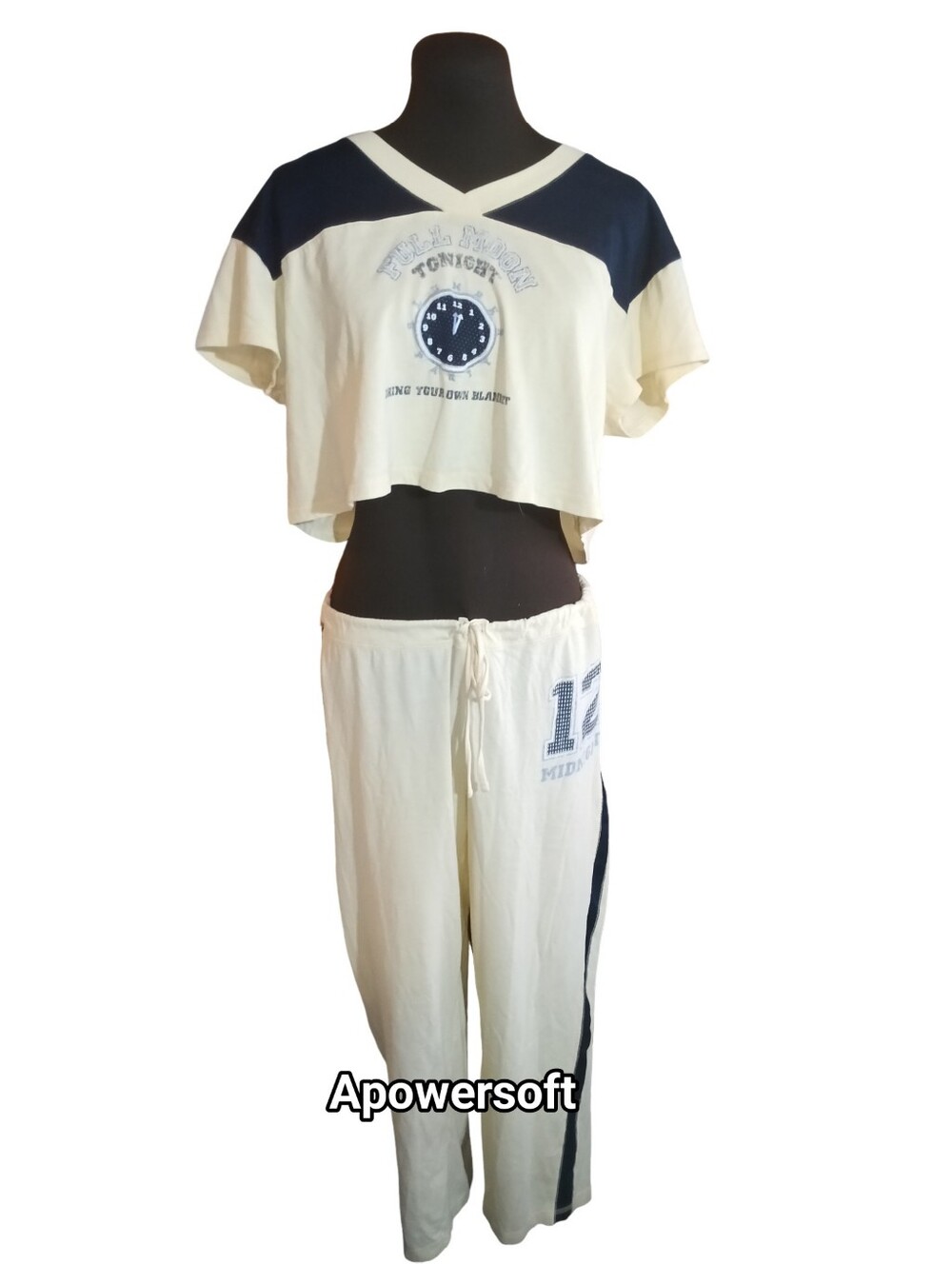 Cream & Navy Women's Two-Piece Lounge Set - Casual Pants & Crop Top